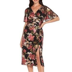 Adrianna Papell Floral Foiled Print Mesh Draped Midi Dress Womens 14 Cocktail